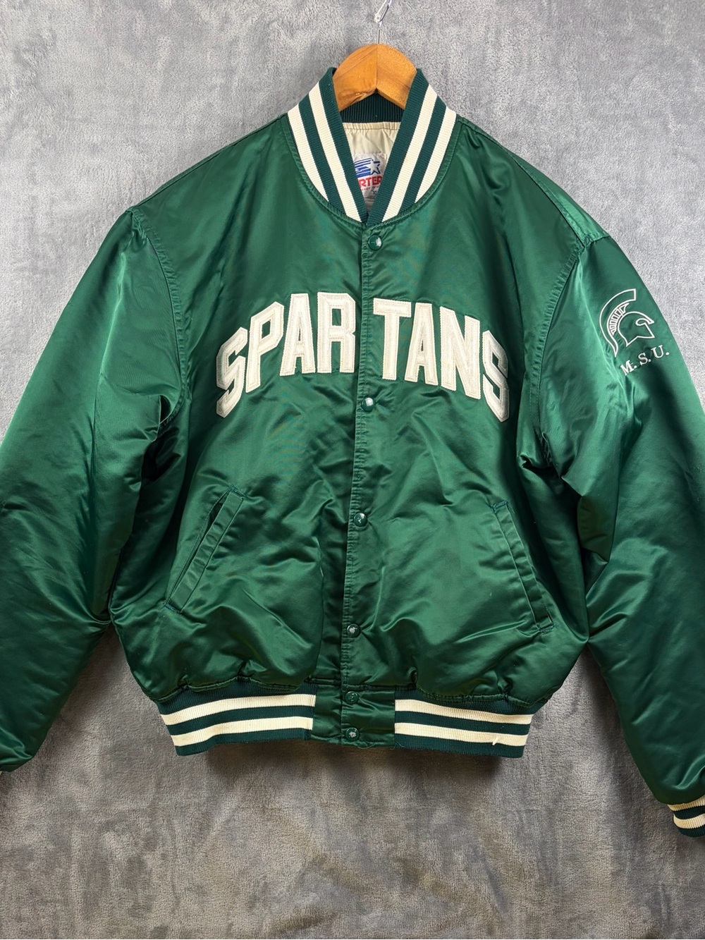 STARTER Vintage 80’s Green Satin Spartans Bomber Jacket XL Made in USA